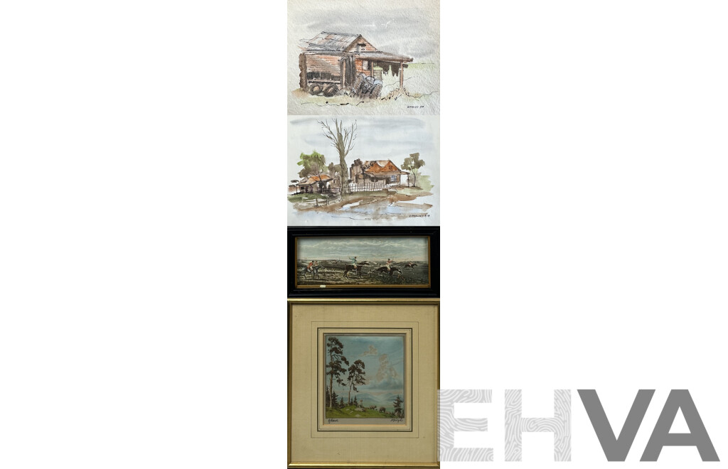 Collection of Vintage Art Works, Including Pair of B. McKelvey Homestead Ink & Watercolours, Unknown Fox Hunt Print & Boy with Sheep, Print on Cloth, 30 x 40 cm (largest) (4)