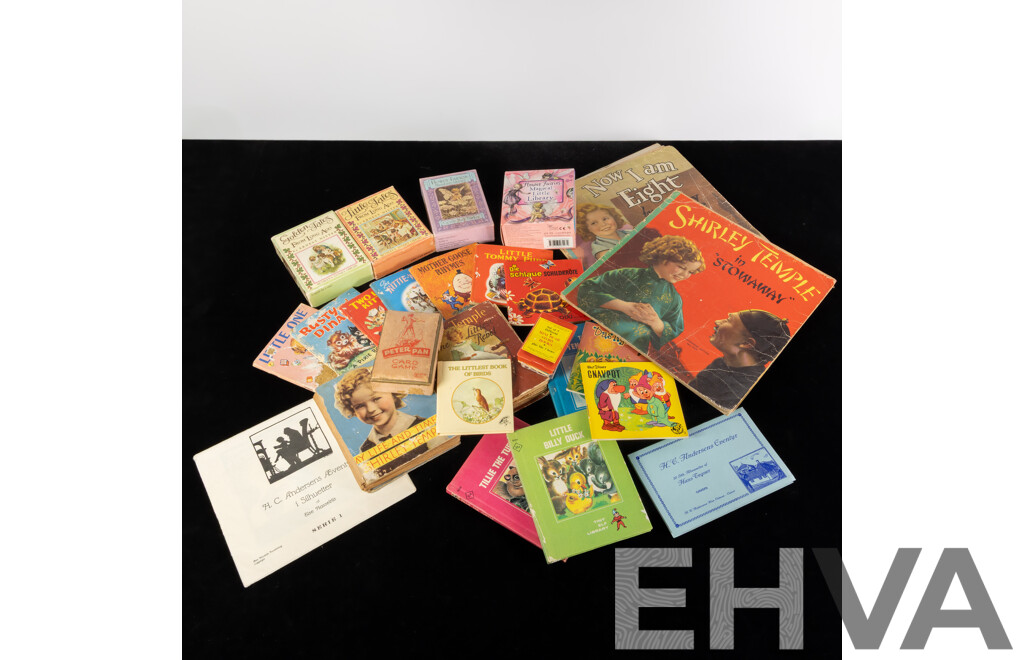 Collection Childrens Books Including Miniature Series, Three Vintage Shirley Temple Examples, Peter Pan Card Game in Original Box and More