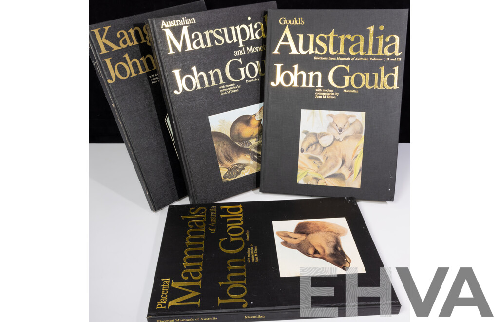Collection Four John Gould Volumes Comprising Placental Mammals, Australian Marsupials and Monotremes, Kangaroos, Goulds Australia, All Hardcovers in Slip Cases