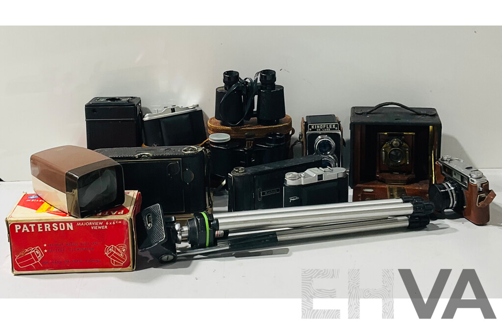 Large Collection of Vintage Camera and Camera Gear Including Kinoflex De Luxe, Paterson Majorview 6x6cm Viewer and Much More