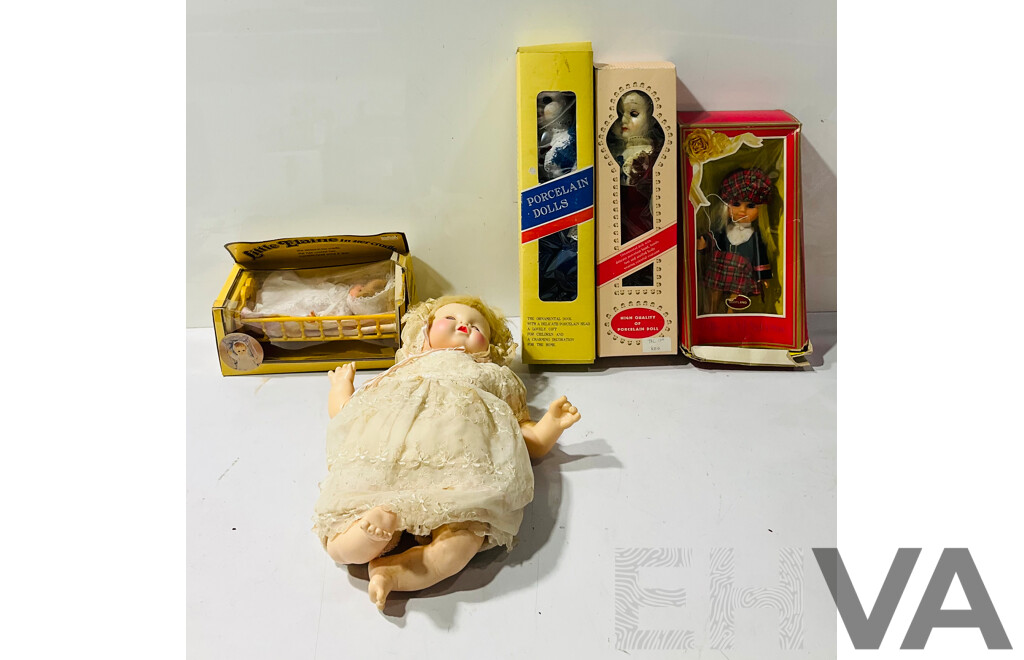 Collection of Vintage Porcelain Dolls Including Little Elaine in Cradle, Dolls of All Nations Scotland and More