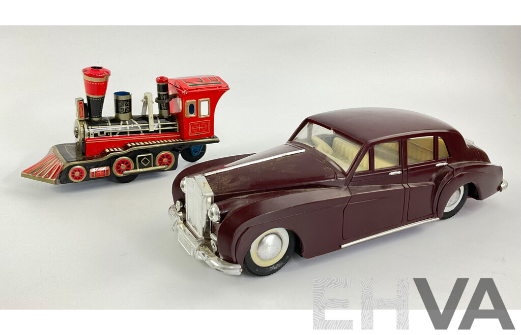 Vintage Battery Powered Rolls Royce and Pressed Steel Steam Locomotive, Made in Japan