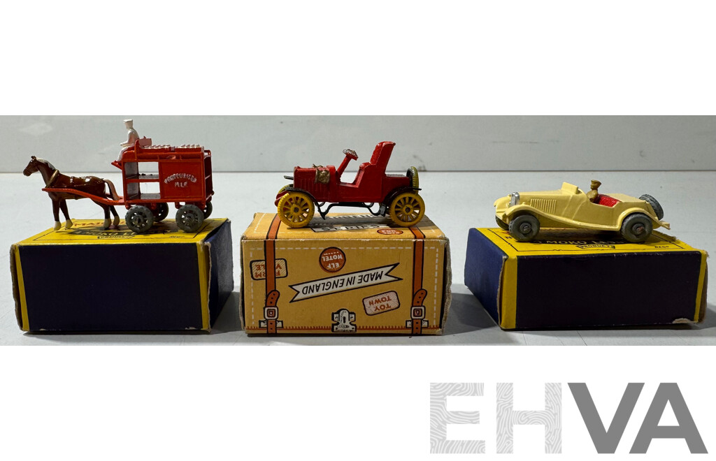 Vintage Diecast Lesney Matchbox MG Coupe Nineteen and Horse Drawn Milk Float Number Seven with Charbens Miniature Series 1904 Darracq