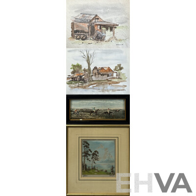 Collection of Vintage Art Works, Including Pair of B. McKelvey Homestead Ink & Watercolours, Unknown Fox Hunt Print & Boy with Sheep, Print on Cloth, 30 x 40 cm (largest) (4)