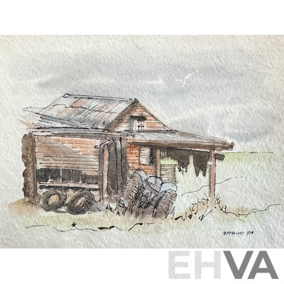 Collection of Vintage Art Works, Including Pair of B. McKelvey Homestead Ink & Watercolours, Unknown Fox Hunt Print & Boy with Sheep, Print on Cloth, 30 x 40 cm (largest) (4)