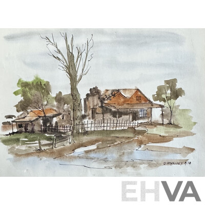 Collection of Vintage Art Works, Including Pair of B. McKelvey Homestead Ink & Watercolours, Unknown Fox Hunt Print & Boy with Sheep, Print on Cloth, 30 x 40 cm (largest) (4)