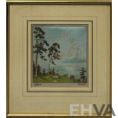 Collection of Vintage Art Works, Including Pair of B. McKelvey Homestead Ink & Watercolours, Unknown Fox Hunt Print & Boy with Sheep, Print on Cloth, 30 x 40 cm (largest) (4)
