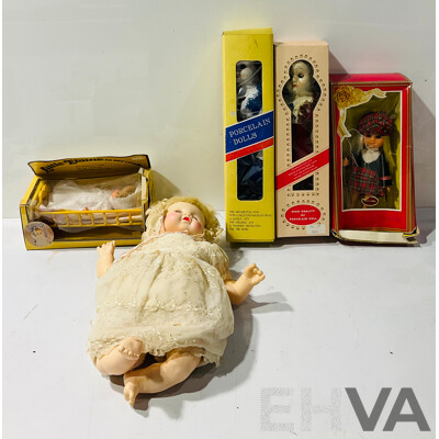 Collection of Vintage Porcelain Dolls Including Little Elaine in Cradle, Dolls of All Nations Scotland and More