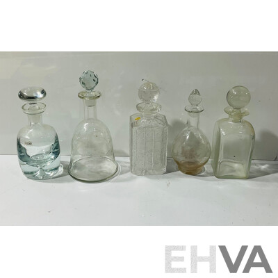 Collection Four Vintage Decanters with Stoppers Including Heavy Bases Krosno Example, Bell Form Example with Etched Thistle Design and More