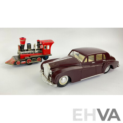 Vintage Battery Powered Rolls Royce and Pressed Steel Steam Locomotive, Made in Japan