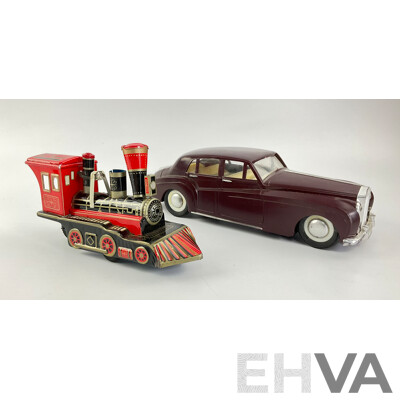 Vintage Battery Powered Rolls Royce and Pressed Steel Steam Locomotive, Made in Japan