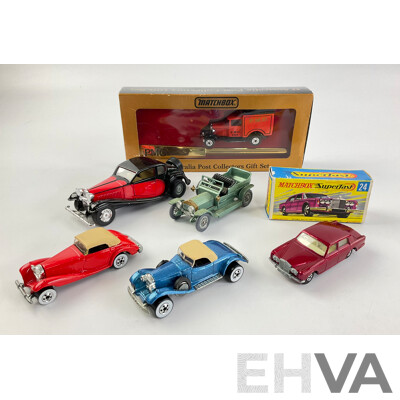 Boxed Matchbox Superfast Rolls Royce Silver Shadow, Models of Yesteryear 1907 Rolls Royce, PMG Collectors Gift Set, 1930 Bugatti T50, Hot Wheels Coupes