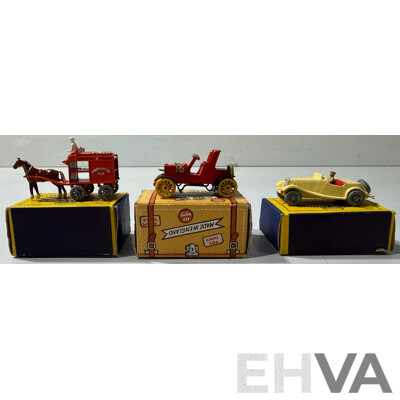 Vintage Diecast Lesney Matchbox MG Coupe Nineteen and Horse Drawn Milk Float Number Seven with Charbens Miniature Series 1904 Darracq