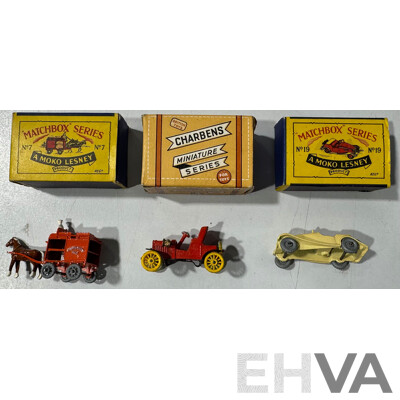 Vintage Diecast Lesney Matchbox MG Coupe Nineteen and Horse Drawn Milk Float Number Seven with Charbens Miniature Series 1904 Darracq