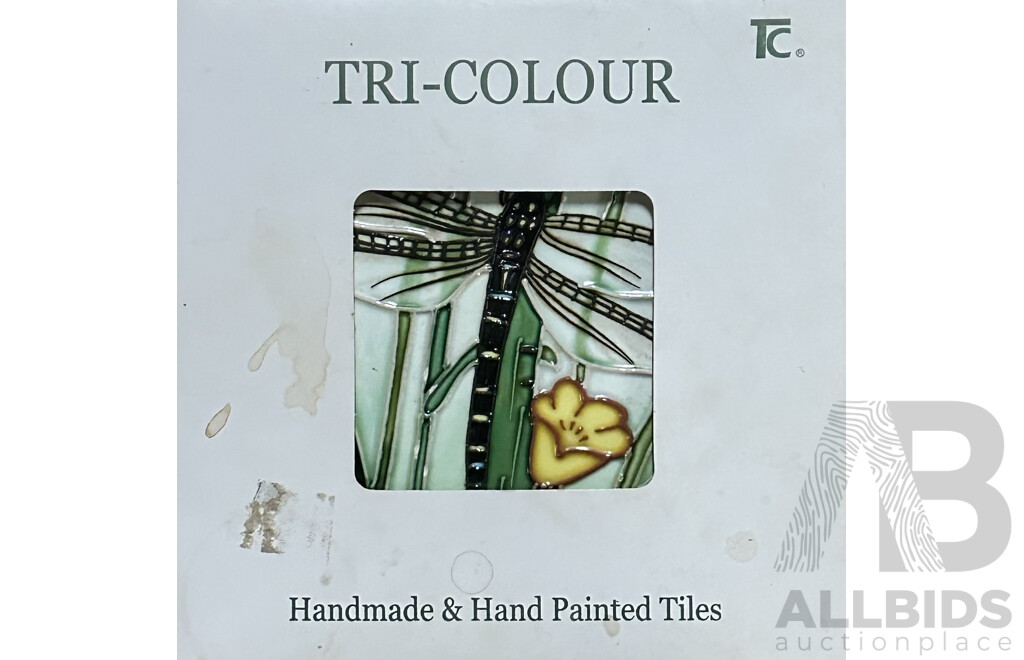 Tri Colour, Dragon Fly, Handmade and Handpainted Ceramic Tile, 15 x 15 cm (frame)