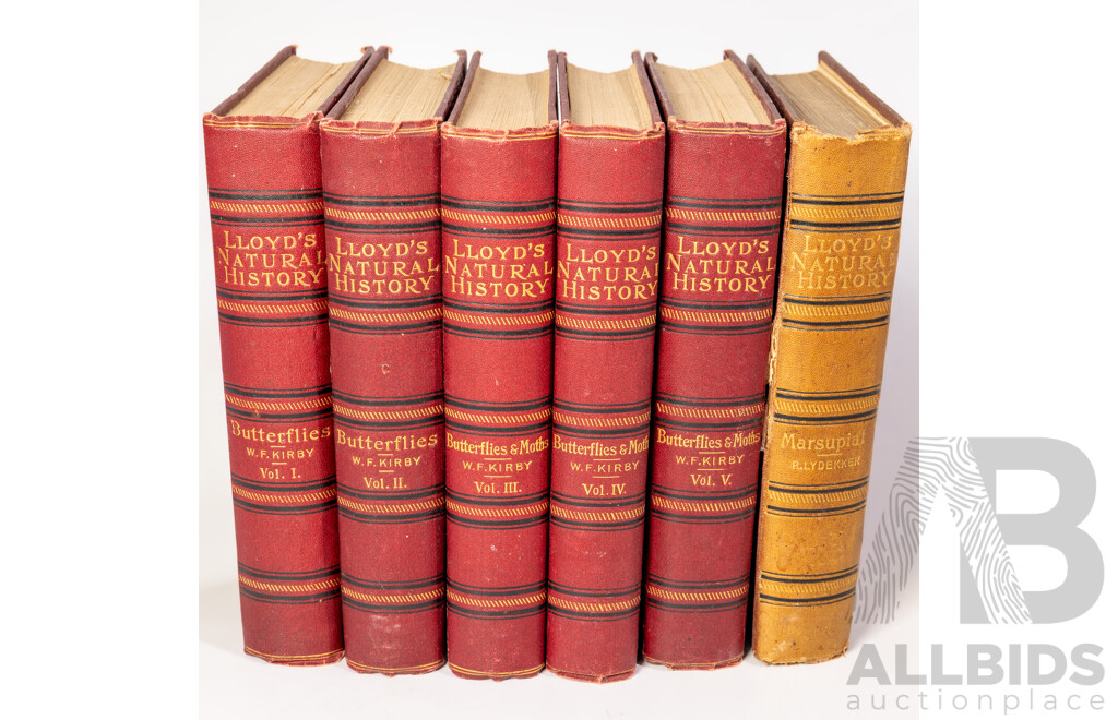 Lloyds Natural History, Butterflys,  W F Kirby, Edward Lloyd LTD, 1896, Volumes 1 to 5 Along with Lloyds Natural History Marsupials by R Lydekker, All HArdcovers