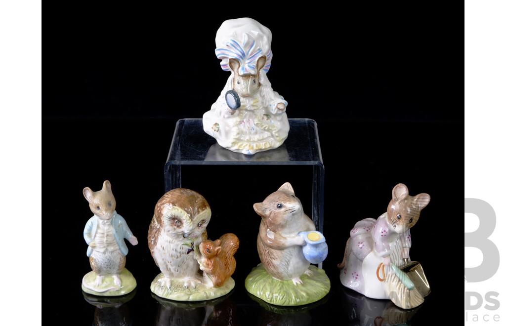 Collection Five English Beswick Porcelain Beatrix Potter Figurines Comprising Johnny Town Mouse, Timmy Willie Fetching Milk, Hunca Munca Sweeping, Lady Mouse & Old Mr Brown