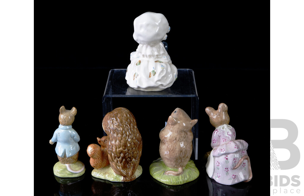 Collection Five English Beswick Porcelain Beatrix Potter Figurines Comprising Johnny Town Mouse, Timmy Willie Fetching Milk, Hunca Munca Sweeping, Lady Mouse & Old Mr Brown