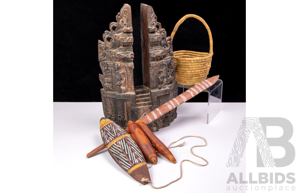 Collection Four Australian Indigenous Pieces Along with Vintage Carved Balinese Macassar Ebony Pillar Finial