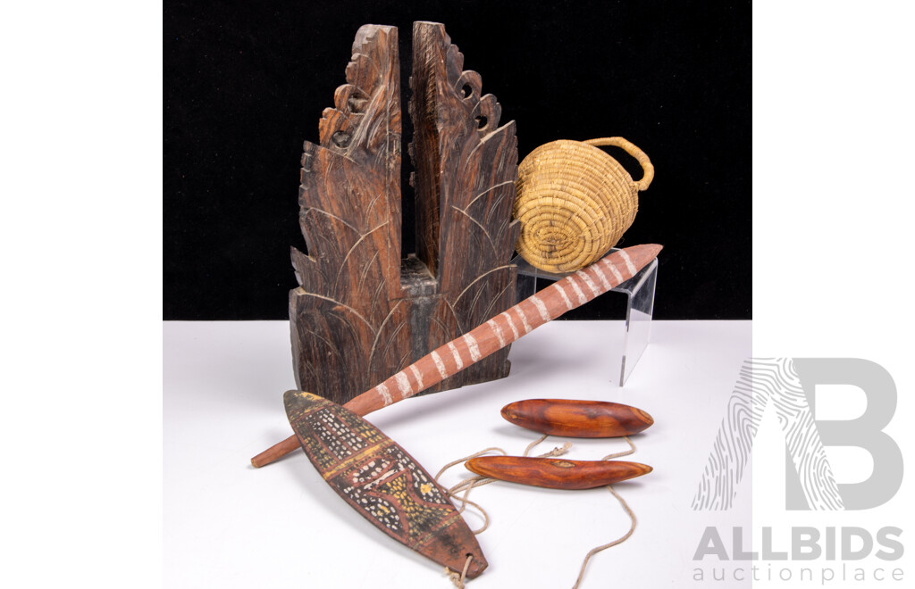 Collection Four Australian Indigenous Pieces Along with Vintage Carved Balinese Macassar Ebony Pillar Finial