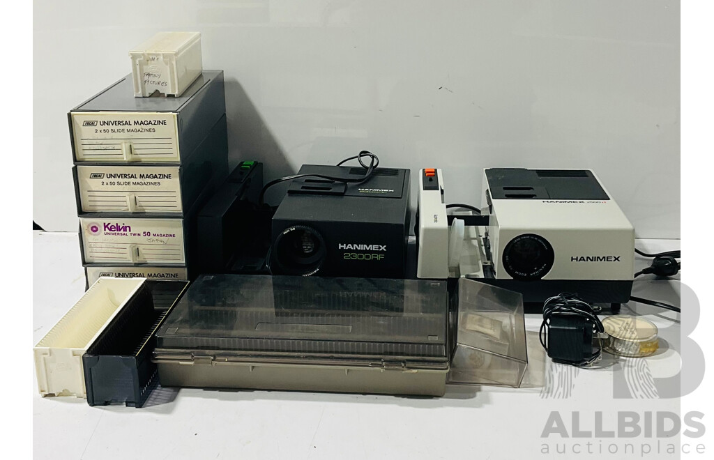 Pair of Hanimex Slide Projectors and Several Slide Magazines and Other Slide Projector Gear