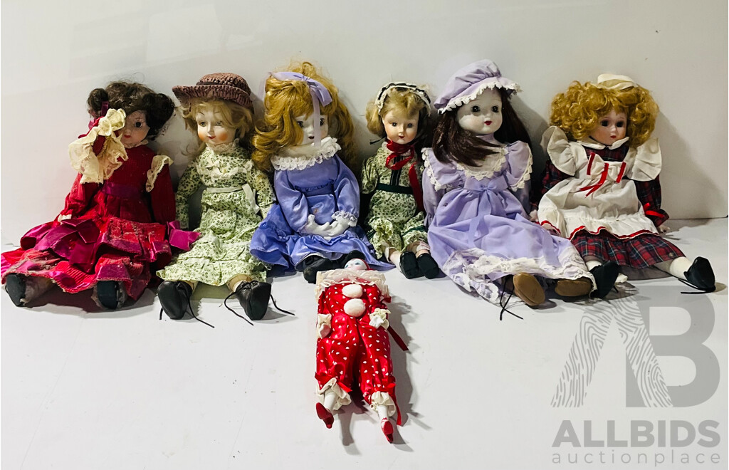 Collection of Vintage Porcelain Dolls Including Hillview Lane Mardi Gras Doll and More