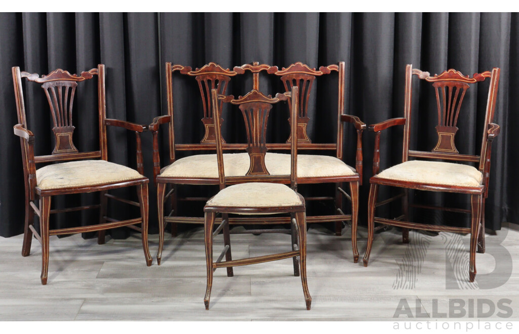 Edwardian Mahogany Five Piece Parlour Suite with String Inlay