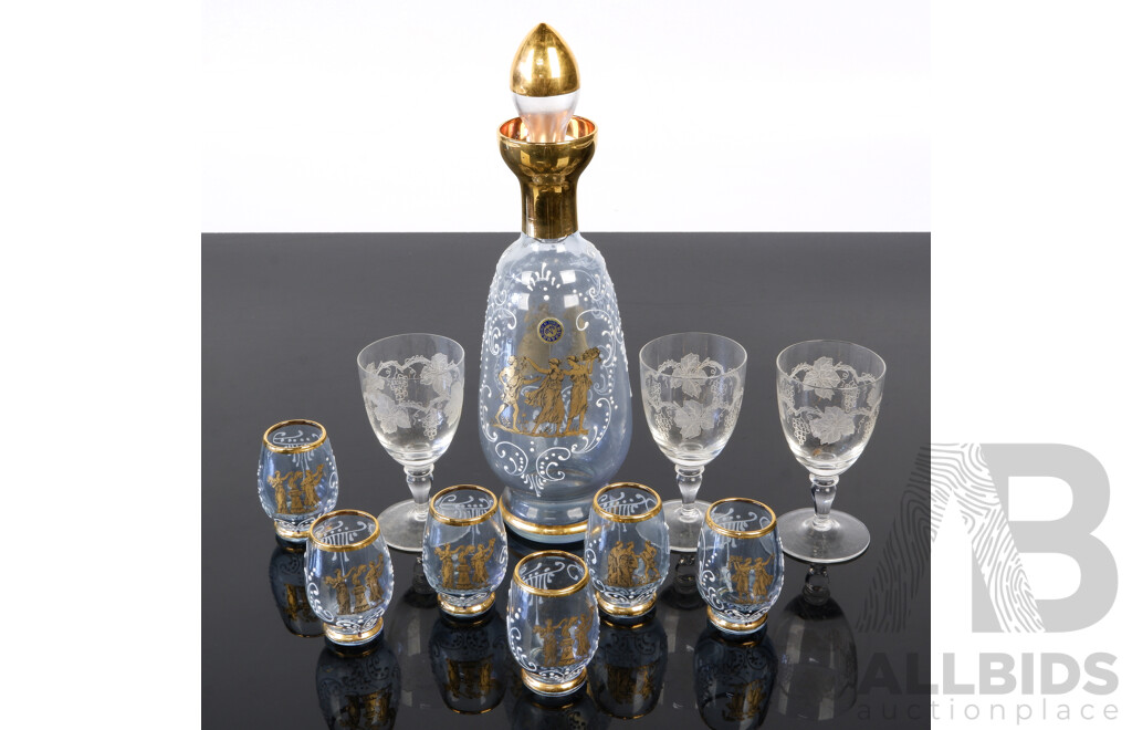 Retro Italian Murano Glass Decanter with Original Label with Six Matching Liqueur Glasses Along with Three Sherry Glasses with Etched Detail