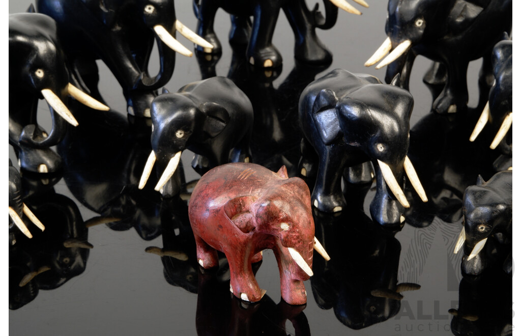 Collection Ten Hand Carved Ebony Elephant Figures with Ivory Tusks