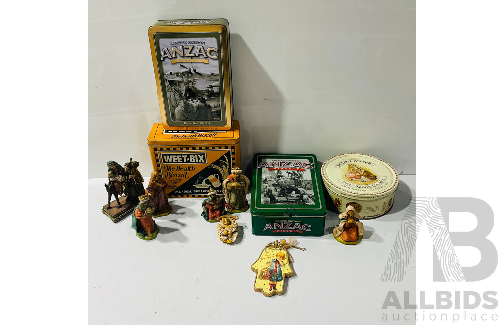 Collection Vintage and Other Collectable Tins and Two Plastic Nativity Figure Sets