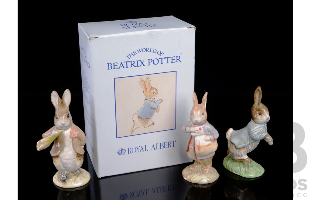 Collection Three Royal Albert Porcelain Beatrix Potter Figurines Comprising Peter Rabbit, Peter with Postbag, Benjamin Ate a Lettuce Leaf