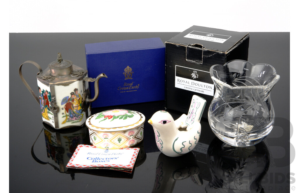 Collection Quality Decorator Pieces Including Royal Doulton Falling Stars Crystal Votive, Royal Crown Derby Lidded Pill Dish, Both in Original Boxes and More