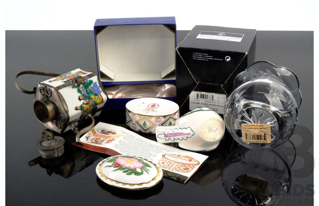 Collection Quality Decorator Pieces Including Royal Doulton Falling Stars Crystal Votive, Royal Crown Derby Lidded Pill Dish, Both in Original Boxes and More