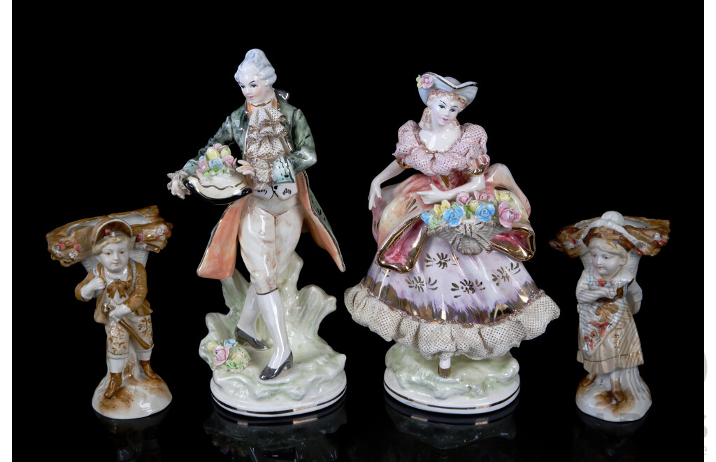 Pair COntinental Ceramic Classical Style Figures Along with Boy and Girl Peasant Figures