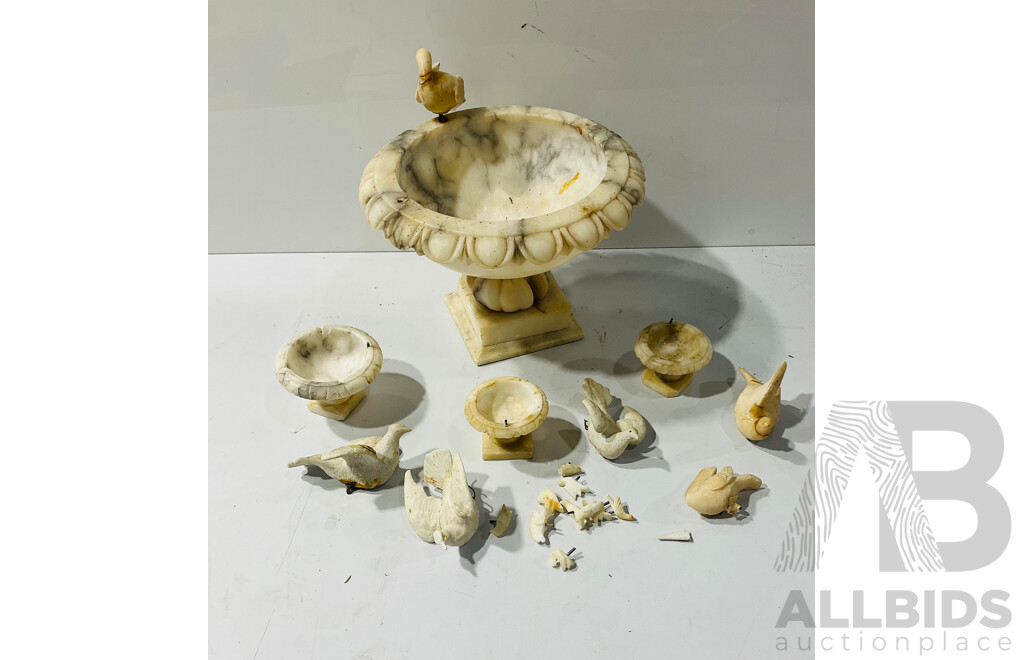 Vintage Italian Marble Small Bird Bath Along with Three Smaller Examples with Collection Marble Bird Figures to Perch on Rim