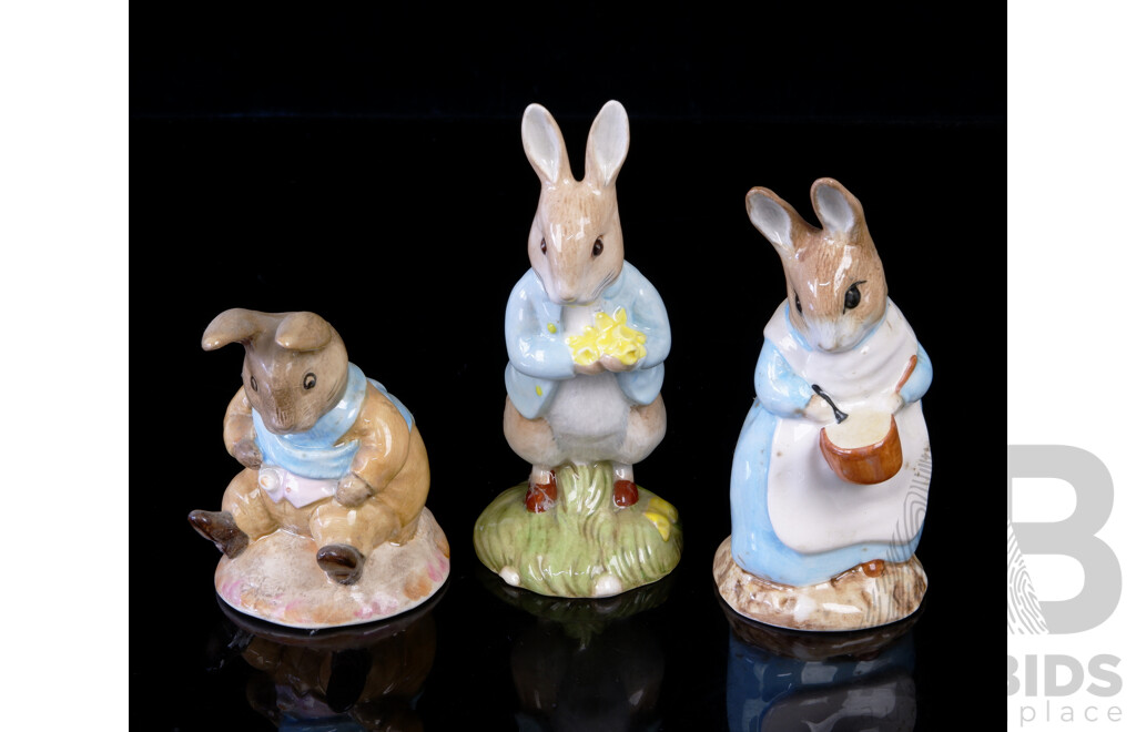 Collection Three Royal Albert Porcelain Beatrix Potter Figurines Comprising Peter with Daffodils, Old Mr Bouncer & Mrs Rabbit Cooking