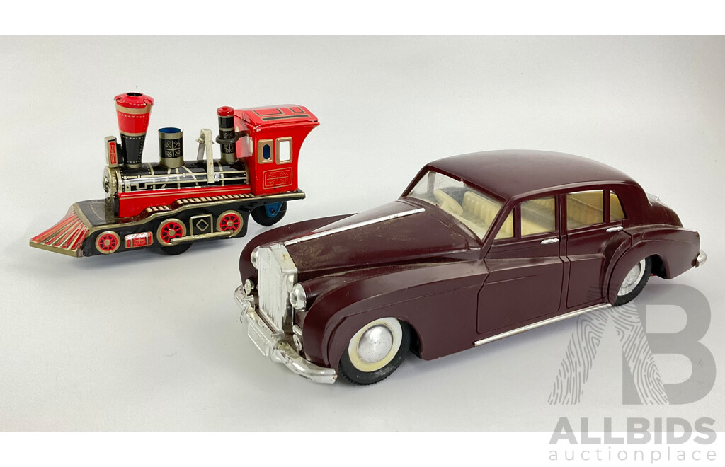 Vintage Battery Powered Rolls Royce and Pressed Steel Steam Locomotive, Made in Japan