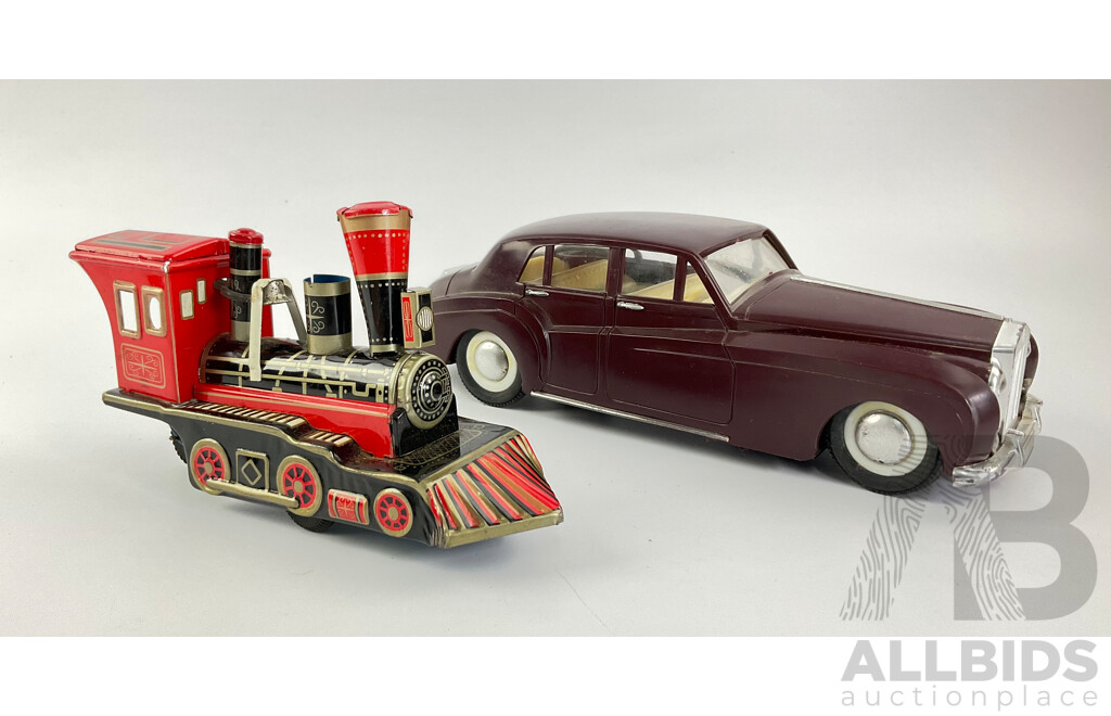 Vintage Battery Powered Rolls Royce and Pressed Steel Steam Locomotive, Made in Japan