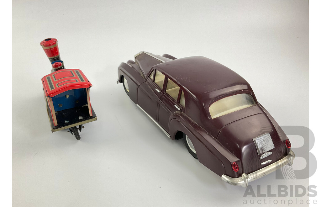 Vintage Battery Powered Rolls Royce and Pressed Steel Steam Locomotive, Made in Japan