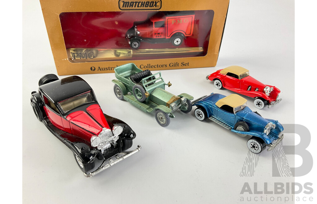 Boxed Matchbox Superfast Rolls Royce Silver Shadow, Models of Yesteryear 1907 Rolls Royce, PMG Collectors Gift Set, 1930 Bugatti T50, Hot Wheels Coupes