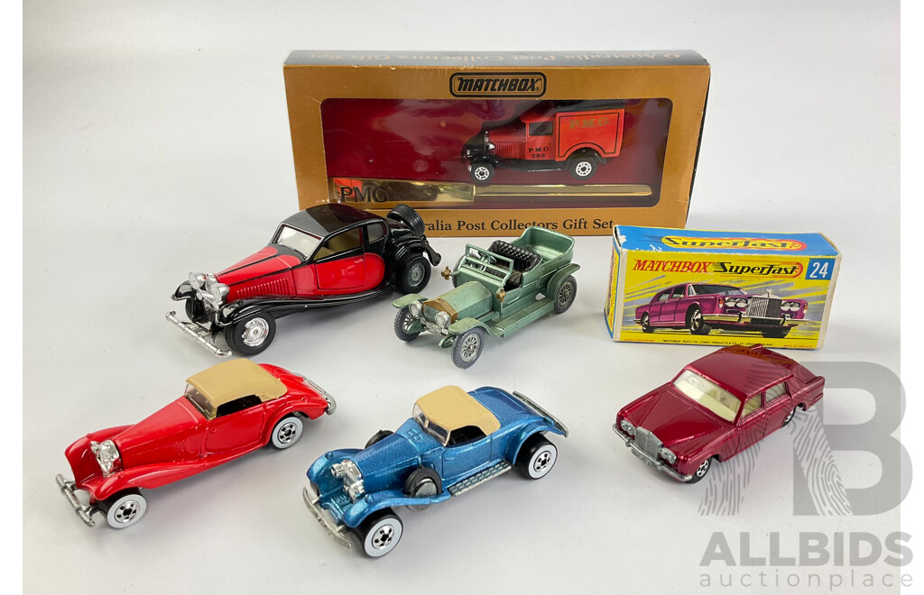 Boxed Matchbox Superfast Rolls Royce Silver Shadow, Models of Yesteryear 1907 Rolls Royce, PMG Collectors Gift Set, 1930 Bugatti T50, Hot Wheels Coupes