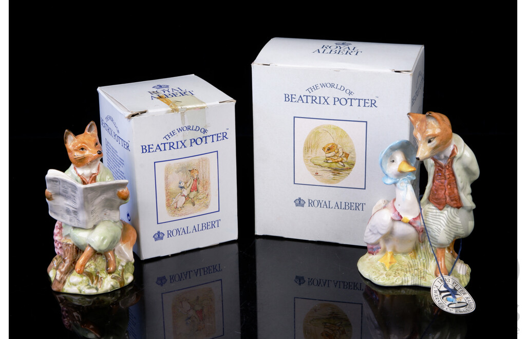 Two Royal Albert Porcelain Beatrix Potter Figurines Comprising Jemima Puddleduck with Foxy Whiskered Gentleman & Foxy Reading