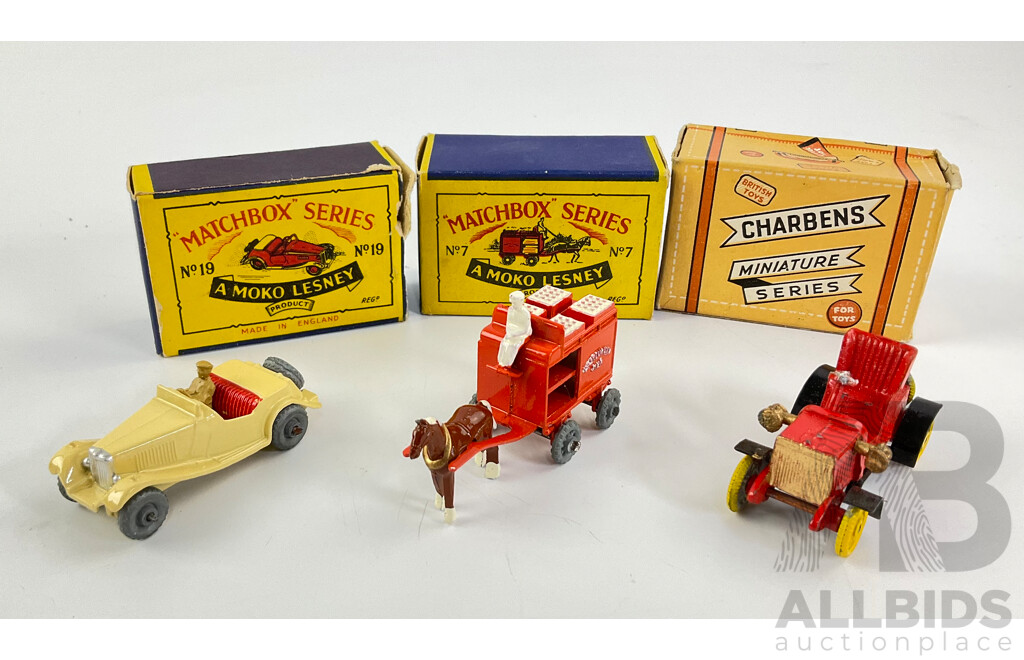 Vintage Diecast Lesney Matchbox MG Coupe Nineteen and Horse Drawn Milk Float Number Seven with Charbens Miniature Series 1904 Darracq