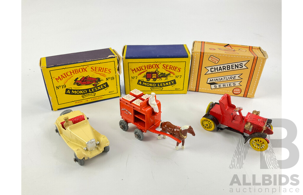 Vintage Diecast Lesney Matchbox MG Coupe Nineteen and Horse Drawn Milk Float Number Seven with Charbens Miniature Series 1904 Darracq