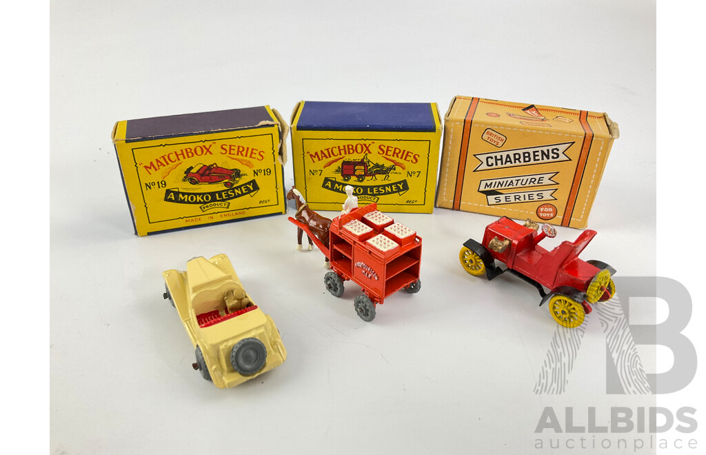 Vintage Diecast Lesney Matchbox MG Coupe Nineteen and Horse Drawn Milk Float Number Seven with Charbens Miniature Series 1904 Darracq