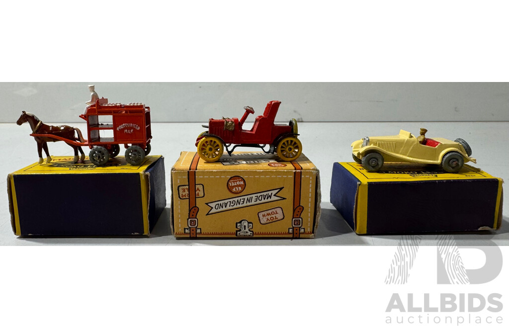 Vintage Diecast Lesney Matchbox MG Coupe Nineteen and Horse Drawn Milk Float Number Seven with Charbens Miniature Series 1904 Darracq