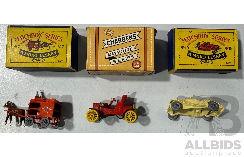 Vintage Diecast Lesney Matchbox MG Coupe Nineteen and Horse Drawn Milk Float Number Seven with Charbens Miniature Series 1904 Darracq