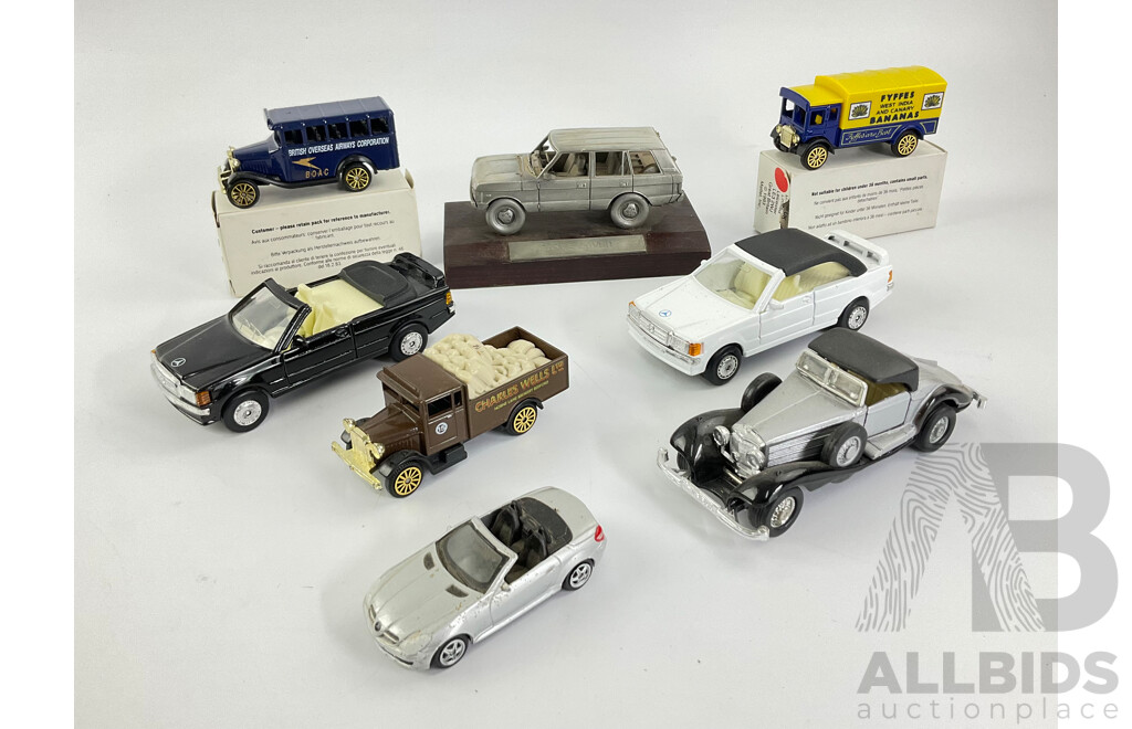 Boxed Diecast Corgi B.O.A.C Bus and Fyffes Bananas Truck, Diecast Range Rover on Timber Base, Mercedes and Truck