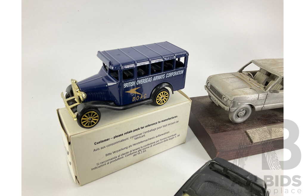 Boxed Diecast Corgi B.O.A.C Bus and Fyffes Bananas Truck, Diecast Range Rover on Timber Base, Mercedes and Truck