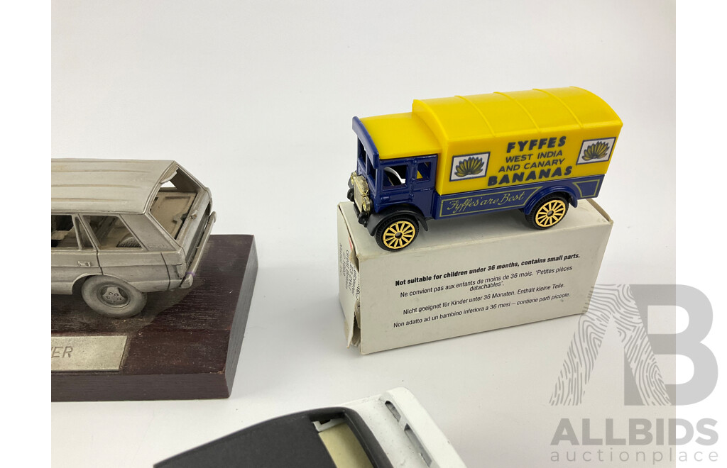 Boxed Diecast Corgi B.O.A.C Bus and Fyffes Bananas Truck, Diecast Range Rover on Timber Base, Mercedes and Truck